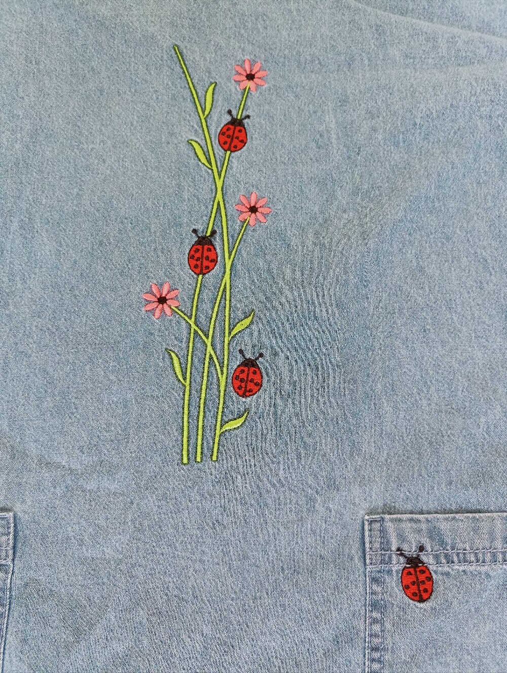 Vintage Country Store Denim Dress Short Sleeve Lady Bugs Embroidered Pockets 3XL - Picture 6 of 11